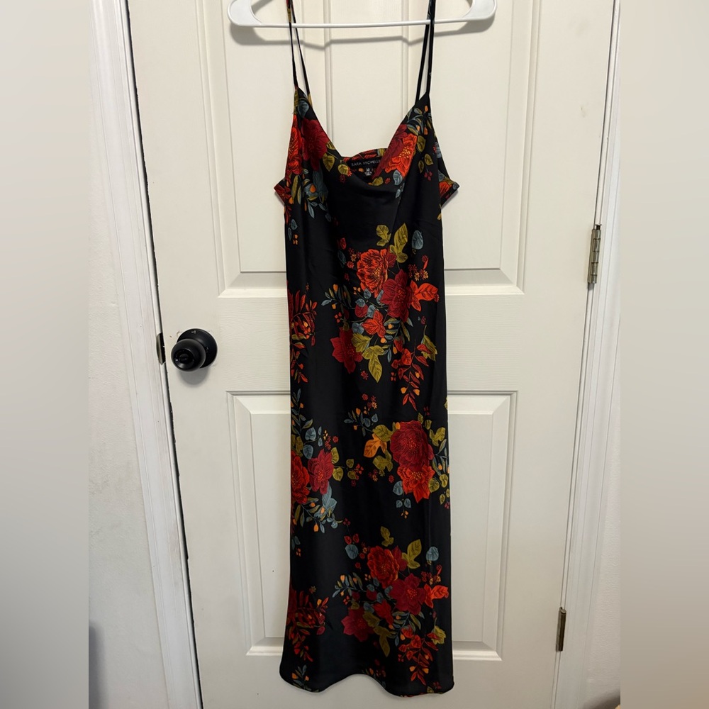 Sara Michelle Black Slip Dress with Red Floral Design